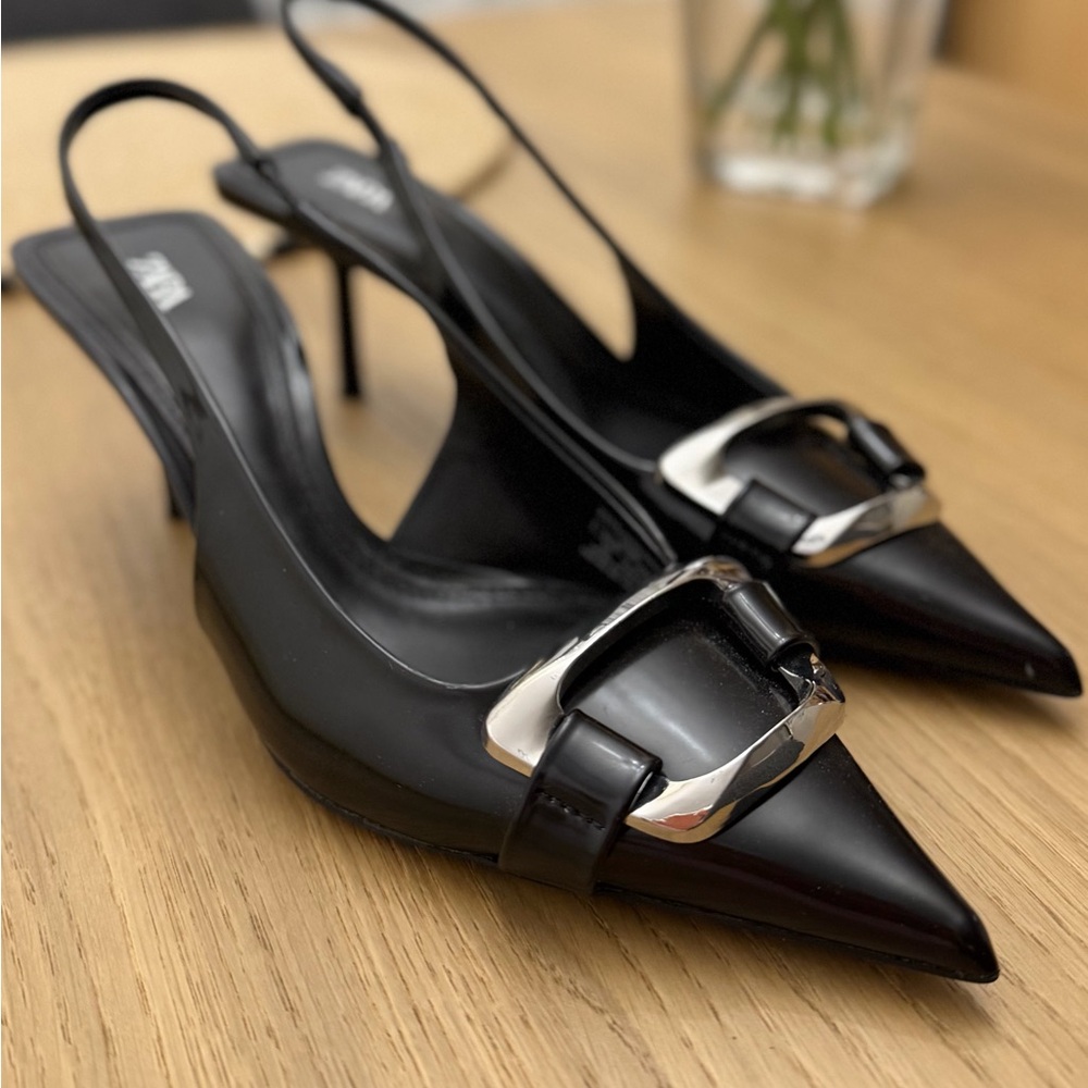 Zara Black Pointed Slingback Pumps with Silver Buckle Detail